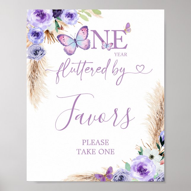 One Year Fluttered Butterfly First Birthday Favors Poster (Front)