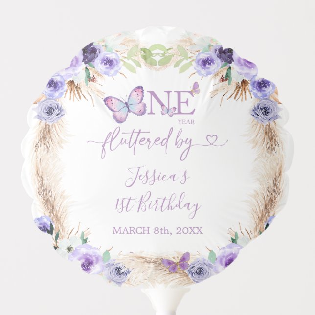 One Year Fluttered Butterfly First Birthday Floral Balloon (Front)