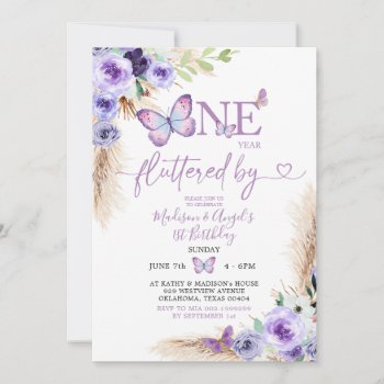 One Year Fluttered Butterfly First Birthday Floral Invitation by HappyPartyStudio at Zazzle