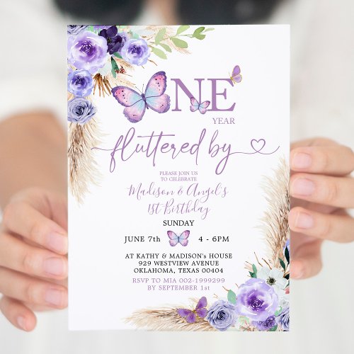 One year fluttered Butterfly First Birthday Floral Invitation