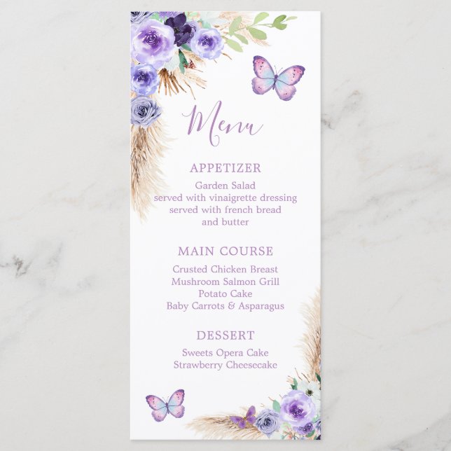 One Year Fluttered Butterfly First Birthday Floral Menu (Front)