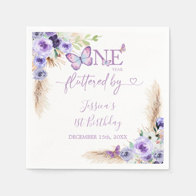 One Year Fluttered Butterfly First Birthday Paper Napkins (Front)