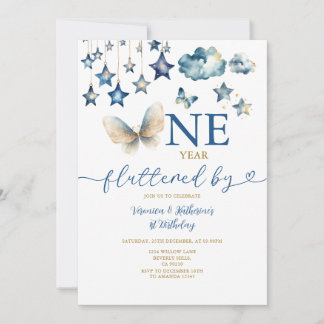 One year fluttered Butterfly First Birthday Stars Invitation
