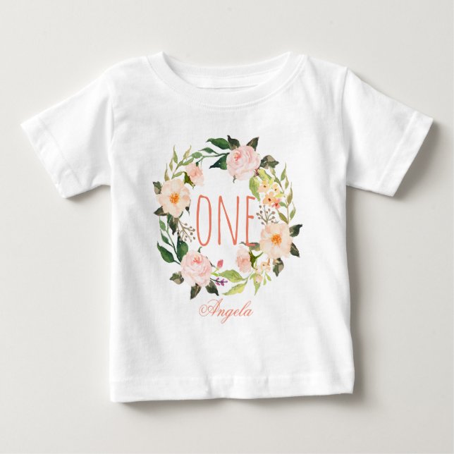 One Year Old Birthday Baby Girl Floral Wreath-2 Baby T-Shirt (Front)