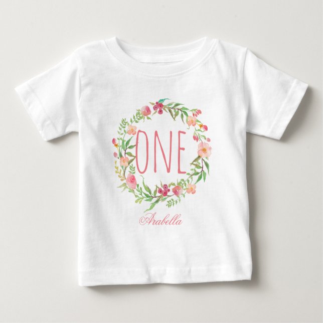 One Year Old Birthday Baby Girl Floral Wreath-5 Baby T-Shirt (Front)