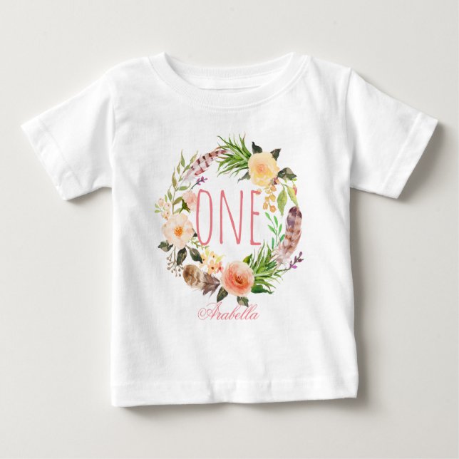 One Year Old Birthday Baby Girl Floral Wreath-5 Baby T-Shirt (Front)