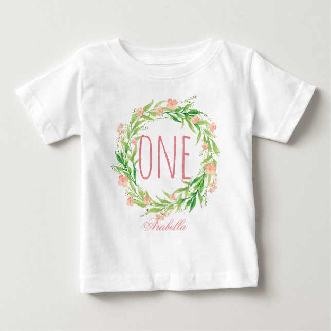 One Year Old Birthday Baby Girl Floral Wreath-6 Baby T-Shirt (Front)