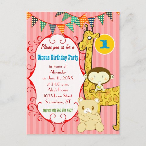 One Year Old Circus Elephant Monkey Giraffe Party Invitation Postcard