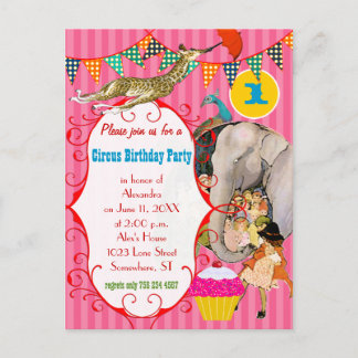 One Year Old Circus Elephant Peacock Giraffe Party Invitation Postcard