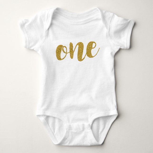 One Year Old Cute Golden Glitter Baby Bodysuit (Front)