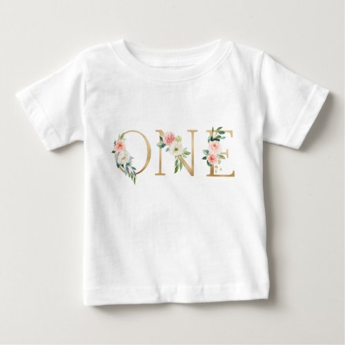 One year old gold and blush floral alphabetical baby T_Shirt