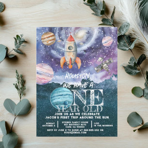One Year Old Outer Space Astronaut Birthday Invitation