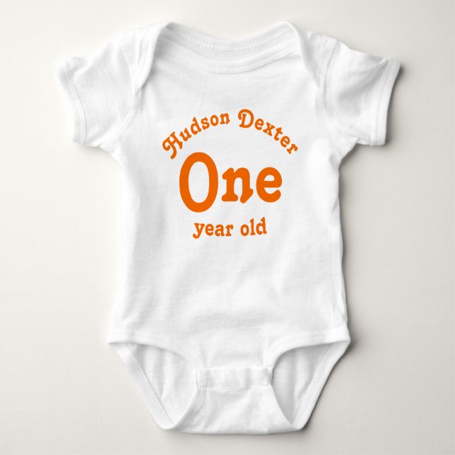 One Year Old Personalized Orange Baby Bodysuit (Front)