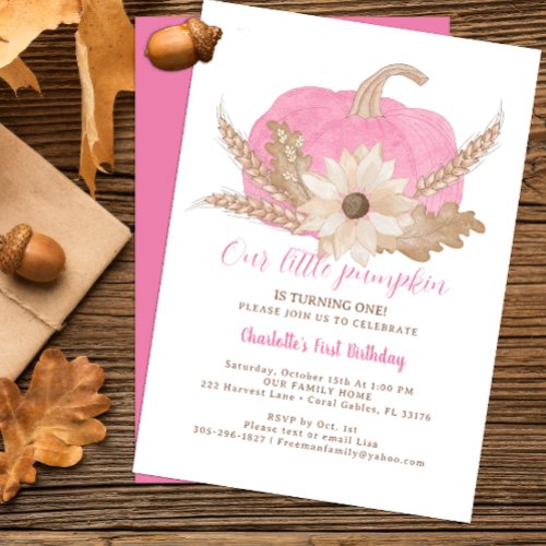 One Year Old Pink Pumpkin Watercolor Birthday  Invitation