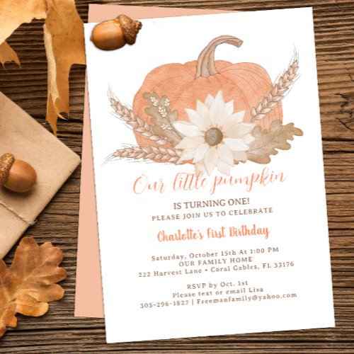 One Year Old Pumpkin Watercolor Birthday Party  Invitation