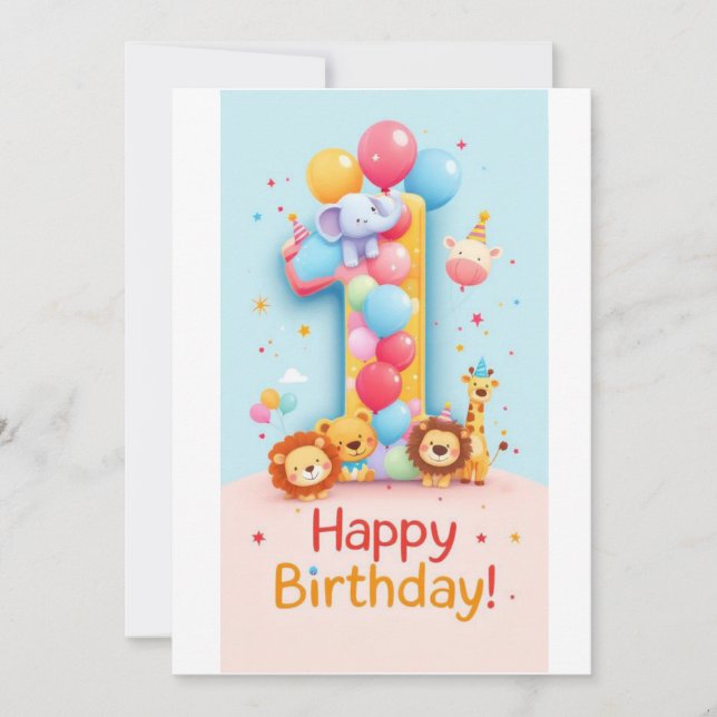 One Year Old Safari Party Birthday Card (Front)