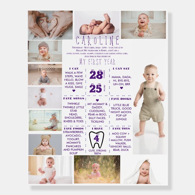 One Year Photos Stats Baby 1st Birthday Milestone Foam Board (Front)