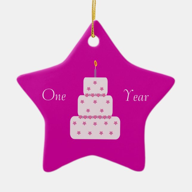 One Year Sobriety Birthday Cake Customizable Pink Ceramic Ornament (Front)