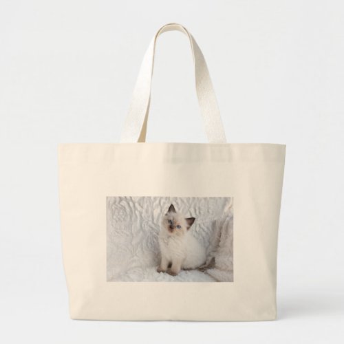 One young ragdoll cat sitting on fur in chair large tote bag