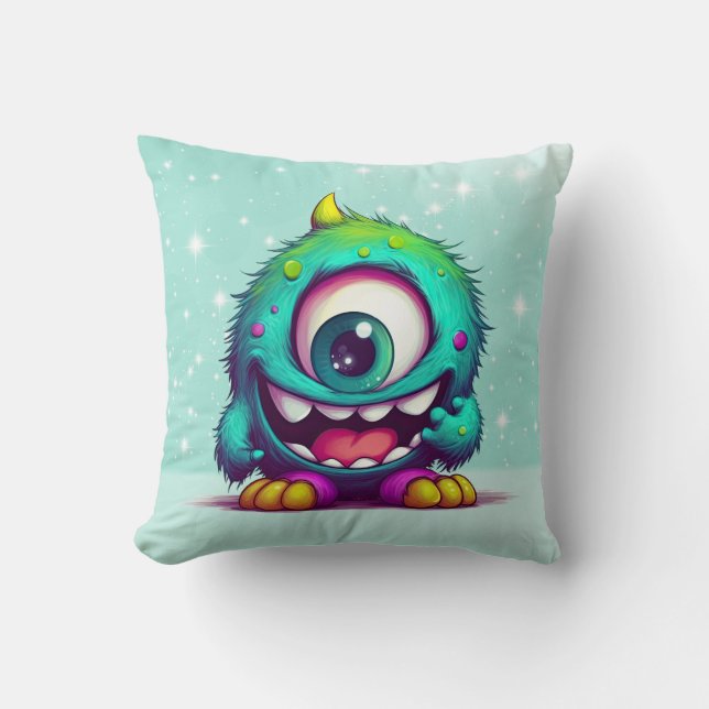 Onecru B is the one-eyed cheerful mini monster Throw Pillow (Front)