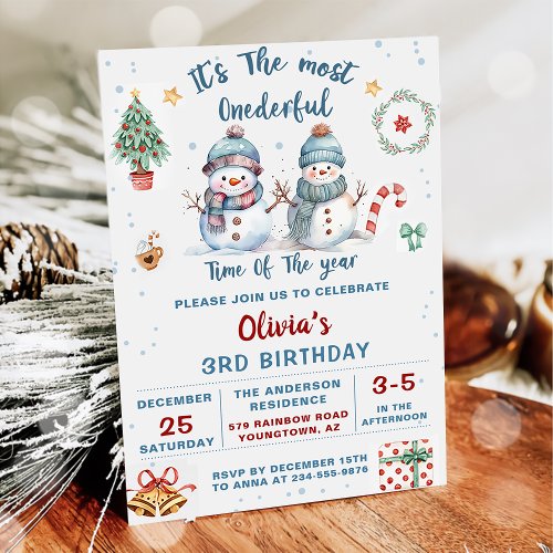 Onedeful Christmas Holiday Snowman Birthday Invitation