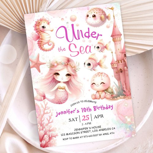 ONEder The Sea 10th Birthday Girl Pink Cute Ocean Invitation