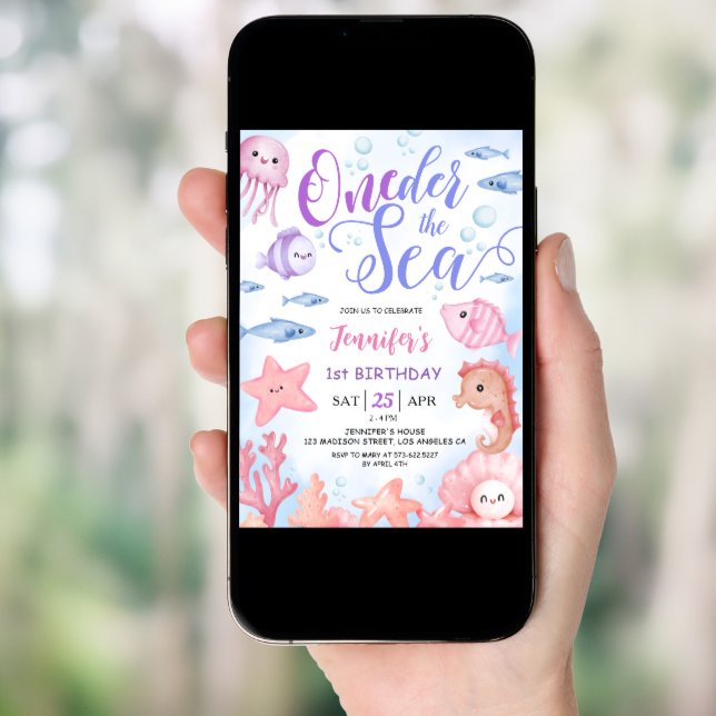 ONEder The Sea! 1st Birthday Baby Girl Cute Ocean  Invitation (Front Digital)