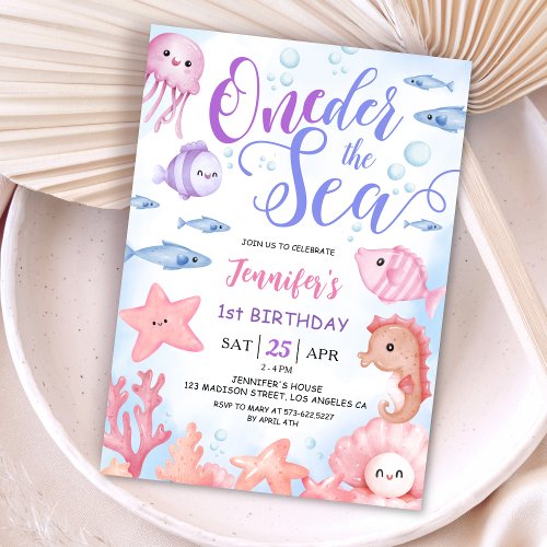 ONEder The Sea 1st Birthday Baby Girl Cute Ocean  Invitation