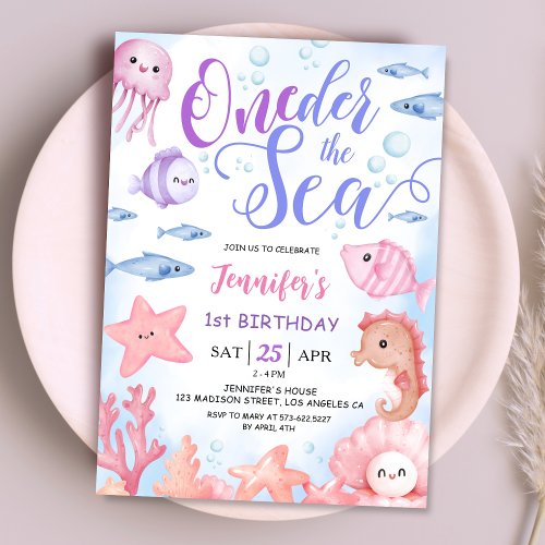 ONEder The Sea 1st Birthday Girl Cute Sea Life Invitation