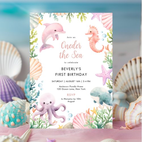 Oneder The Sea 1st Birthday Girl  Invitation