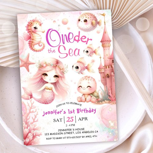 ONEder The Sea 1st Birthday Girl Pink Cute Ocean  Invitation