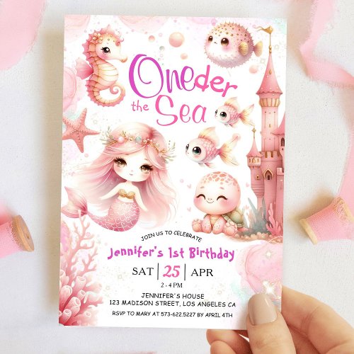 ONEder The Sea 1st Birthday Girl Pink Mermaid Invitation