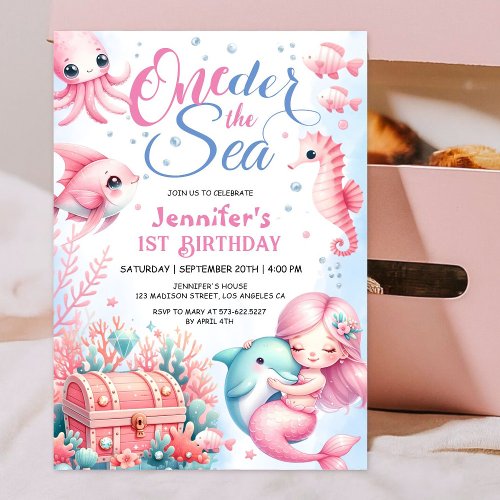 ONEder The Sea 1st Birthday Pink Cute Ocean Party Invitation
