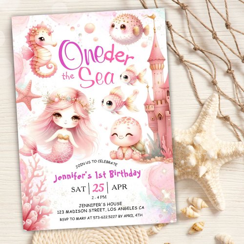 ONEder The Sea 1st Birthday Pink Girl Cute Ocean  Invitation