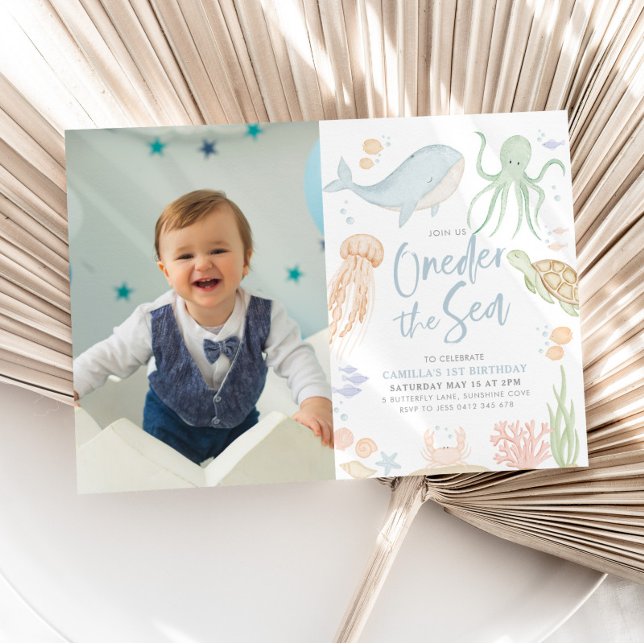 Oneder The Sea 1st Birthday Under The Sea Photo Invitation (Oneder The Sea - Under the Sea 1st Birthday Invitation with Photo)