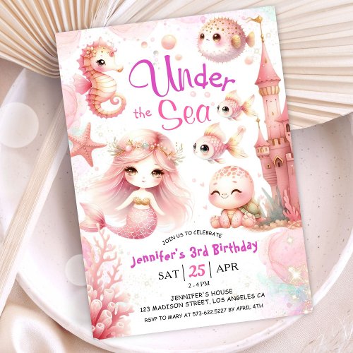 ONEder The Sea 3rd Birthday Girl Pink Cute Ocean Invitation