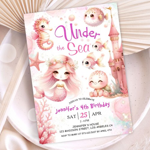 ONEder The Sea 4th Birthday Girl Pink Cute Ocean Invitation