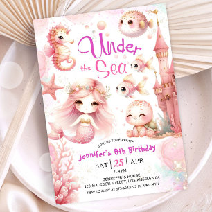 ONEder The Sea! 9th Birthday Girl Pink Cute Ocean Invitation