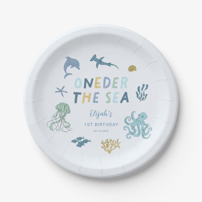 ONEder The Sea Blue Birthday Party Paper Plates (Front)