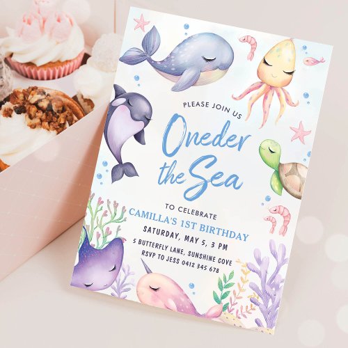 Oneder the Sea Blue Boy First Birthday Party Invitation