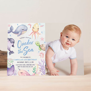 Oneder the Sea Blue Boy First Birthday Party Invitation