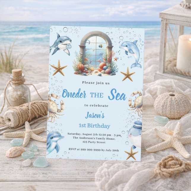 Oneder the sea blue ocean animals boy 1st Birthday Invitation (Creator Uploaded)