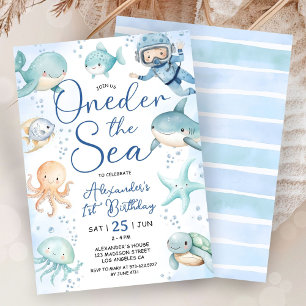 ONEder The Sea Boy 1st Birthday Cute Blue Ocean  Invitation