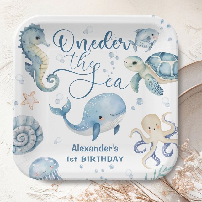 ONEder The Sea Boy 1st Birthday Cute Blue Ocean Paper Plates (Creator Uploaded)