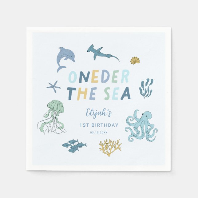 ONEder The Sea Boy Birthday Party Napkins (Front)