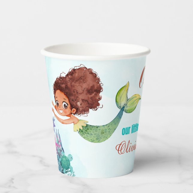 Oneder the Sea Brown Mermaid Girls 1st Birthday Paper Cups (Front)
