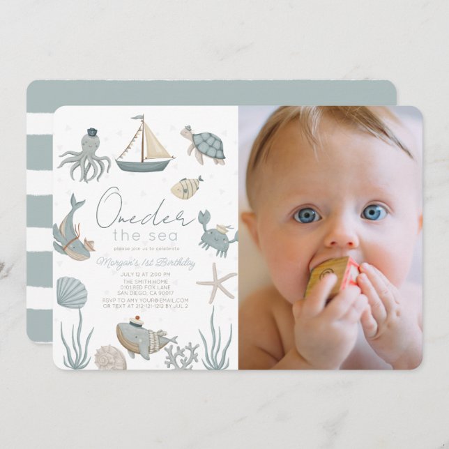 Oneder the Sea Creatures Blue 1st Birthday Photo Invitation (Front/Back)