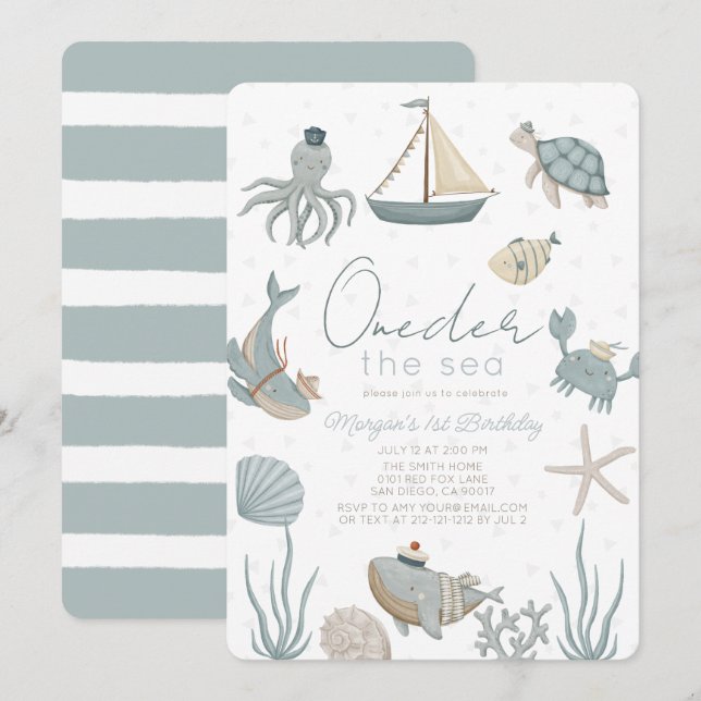 Oneder the Sea Creatures Blue Boy 1st Birthday Invitation (Front/Back)