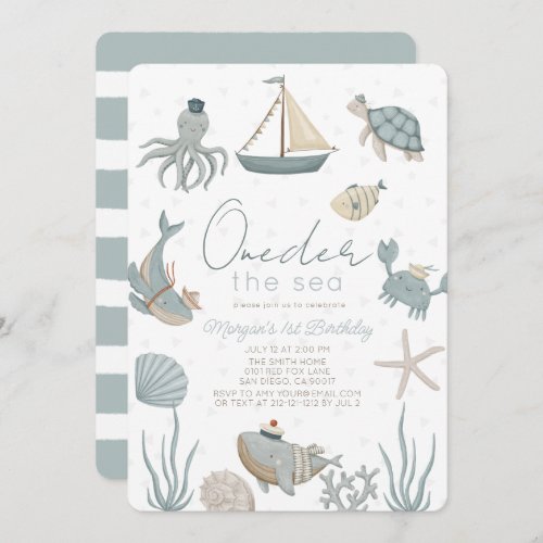 Oneder the Sea Creatures Blue Boy 1st Birthday Invitation