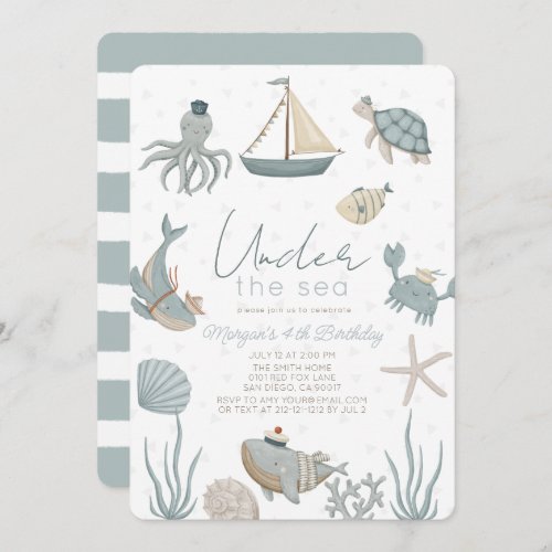 Oneder the Sea Creatures Blue Boy Birthday Invitation